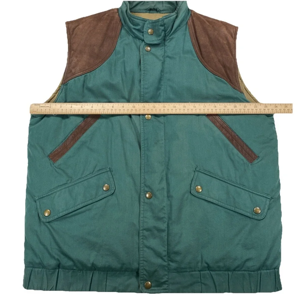Eddie Bauer Men's Large Goose Down Vest Leather Trim Button Up Green